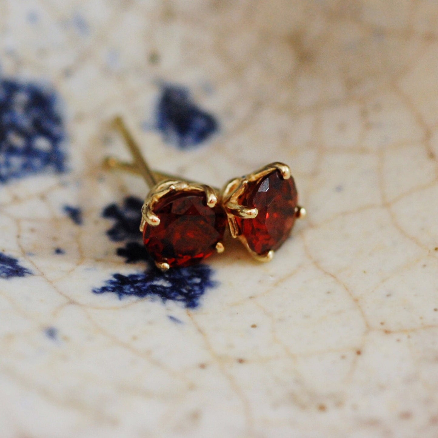 Nakhti - Garnet Stud Earrings Feature Richly Colored Garnet Gemstones Set in Solid 14kt Yellow Gold, FREE SHIP US