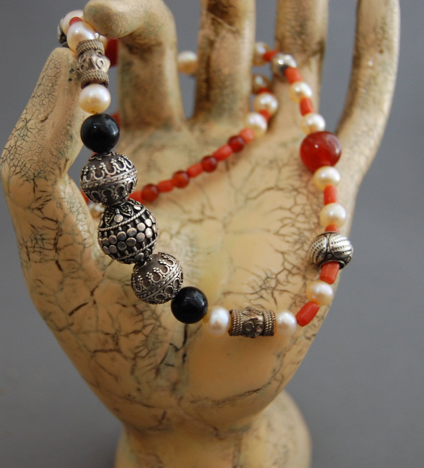 Camilla - Pearl Statement Necklace, Black Onyx, Red Coral, Sterling Silver