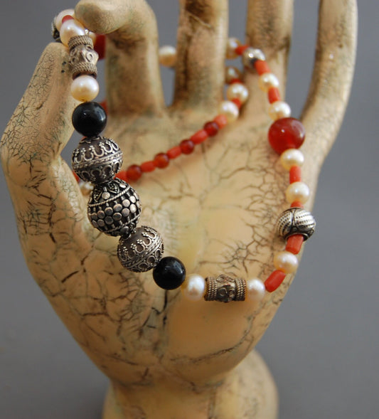 Camilla - Pearl Statement Necklace, Black Onyx, Red Coral, Sterling Silver