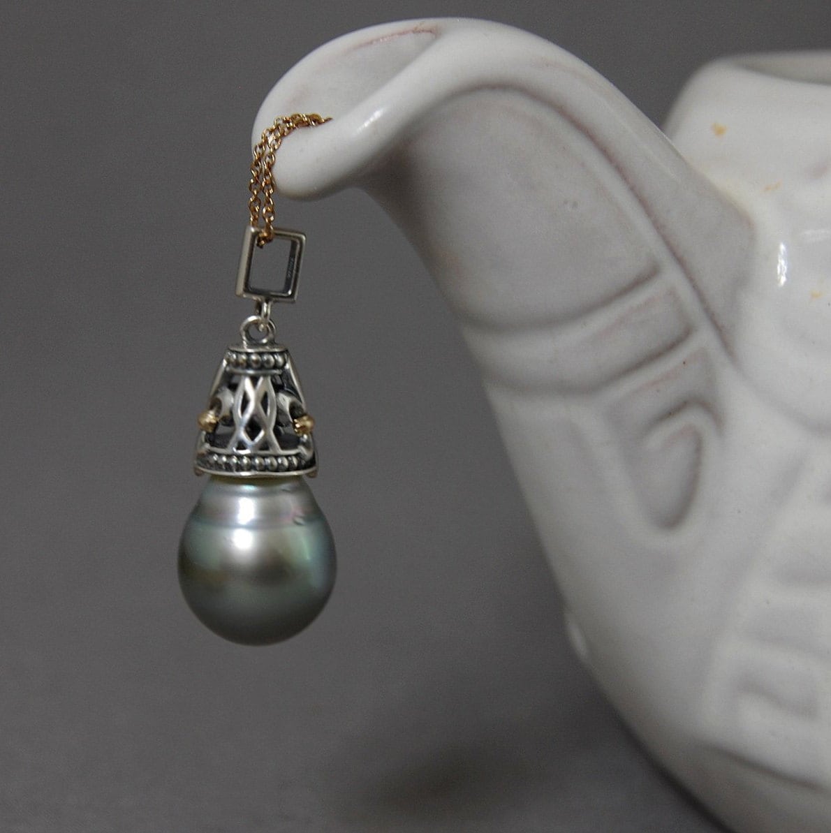 Margaux - Silver Tahitian Pearl Fleur de Lis Pendant, 14kt Gold Accents, Sterling Silver, FREE SHIP US