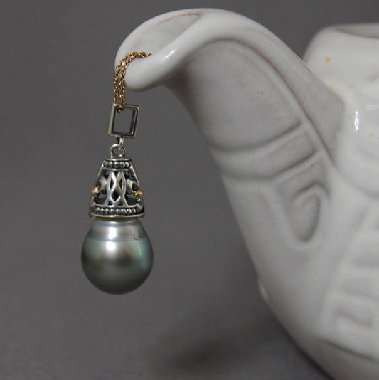 Margaux - Silver Tahitian Pearl Fleur de Lis Pendant, 14kt Gold Accents, Sterling Silver, FREE SHIP US