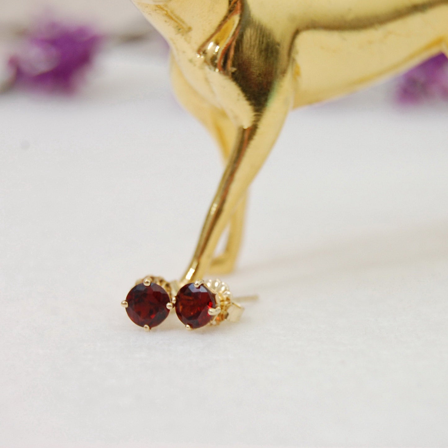 Nakhti - Garnet Stud Earrings Feature Richly Colored Garnet Gemstones Set in Solid 14kt Yellow Gold, FREE SHIP US