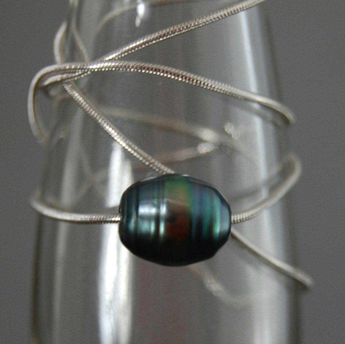 Taylor - Tahitian Pearl Necklace, Floating Pearl on an 18" Vintage Sterling Silver Snake Chain. FREE SHIPPING US.
