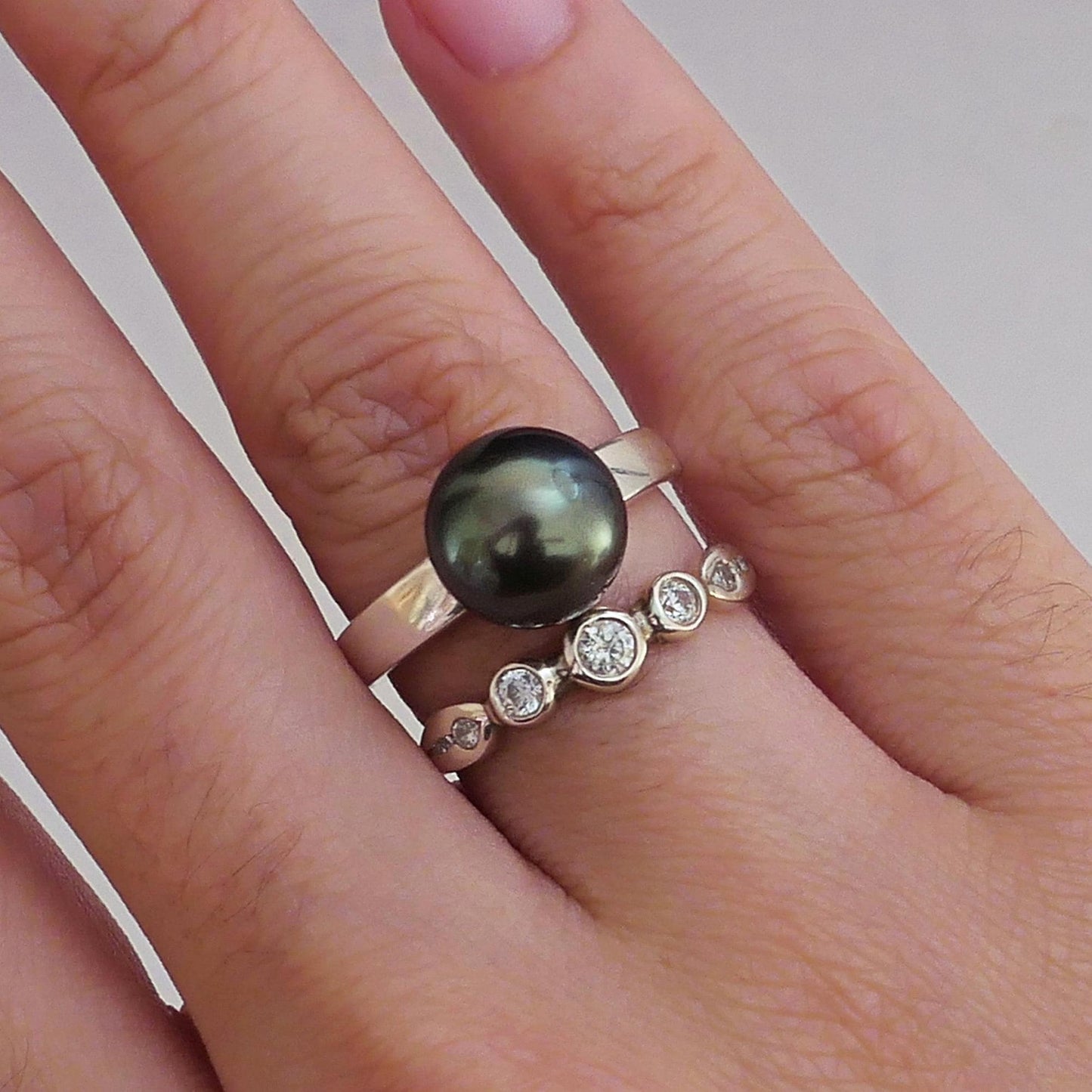 Mai - Elegant Black Tahitian Pearl Ring Set in Solid Sterling Silver with Rhodium Plating, Tarnish Free.  Free Shipping within the US.