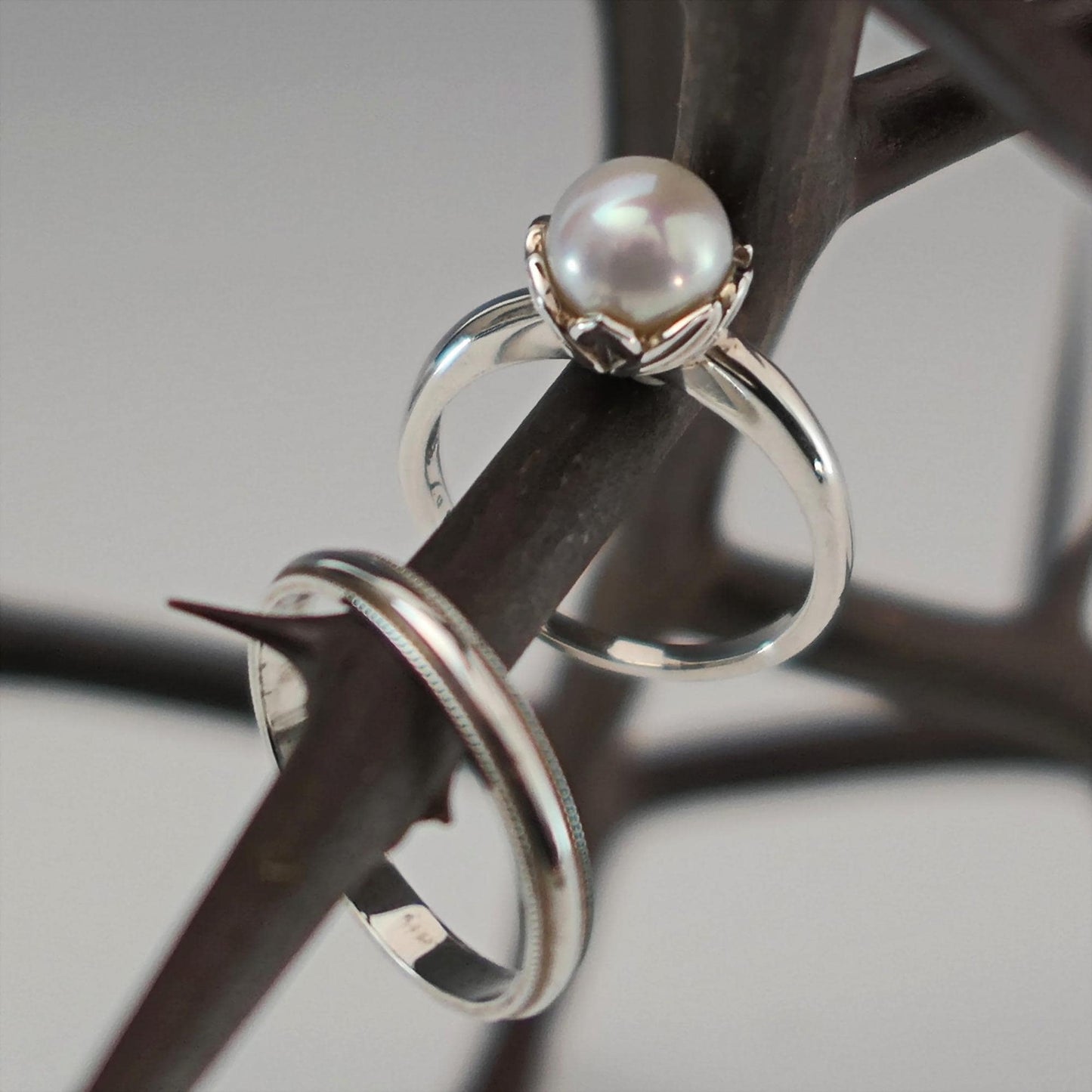 Emma - Pearl Wedding Ring Set in Solid Continuum® Sterling Silver. Free Shipping US.