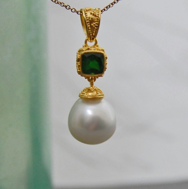 Cariana - South Sea Statement Pearl Pendant with Chrome Diopside Gemstone Accent. FREE SHIP USA