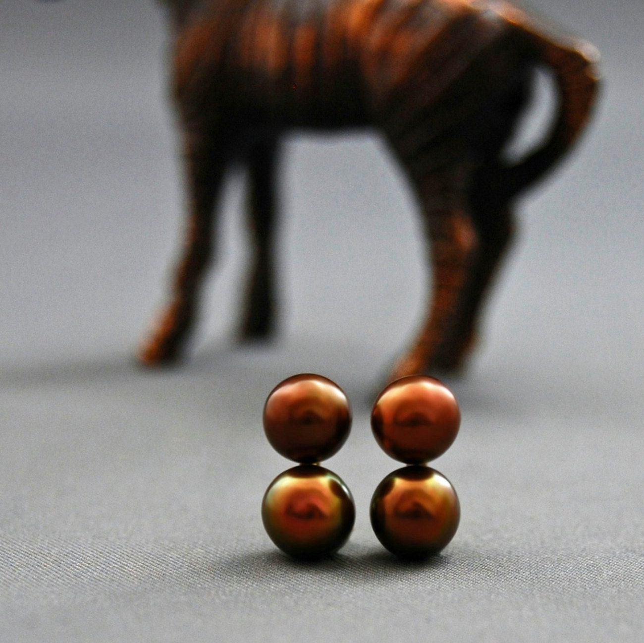 Maya - Pearl Stud Earrings Feature Double Chocolate Peacock Freshwater Pearls Set in Solid 14k Yellow Gold. FREE SHIPING US.