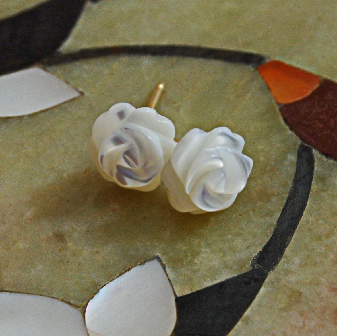 Marie - Mother of Pearl Rose Stud Earrings Hand Carved Vintage 14k Gold