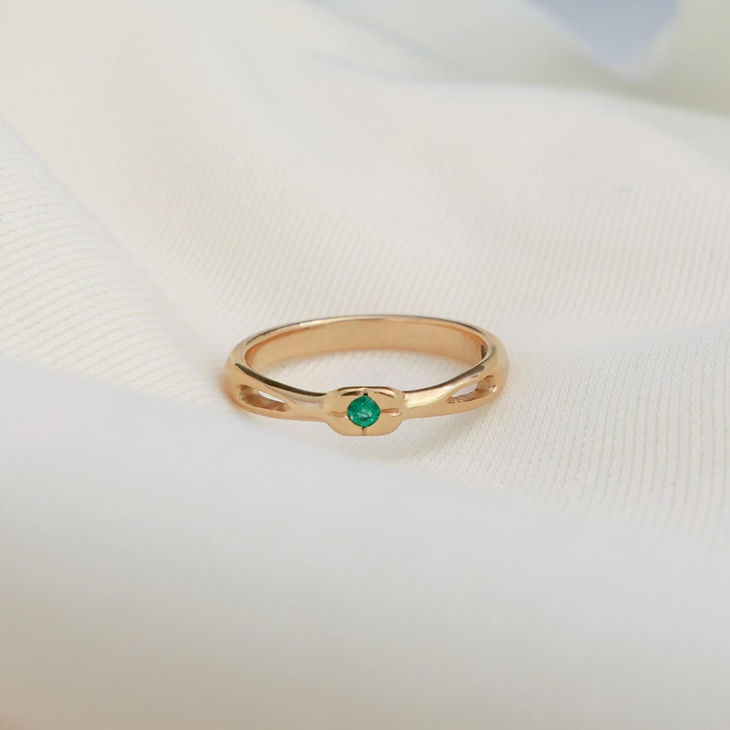 Aisha - Emerald solitaire ring set in solid 14kt yellow gold. Shop exclusive. Shipping free within the US.