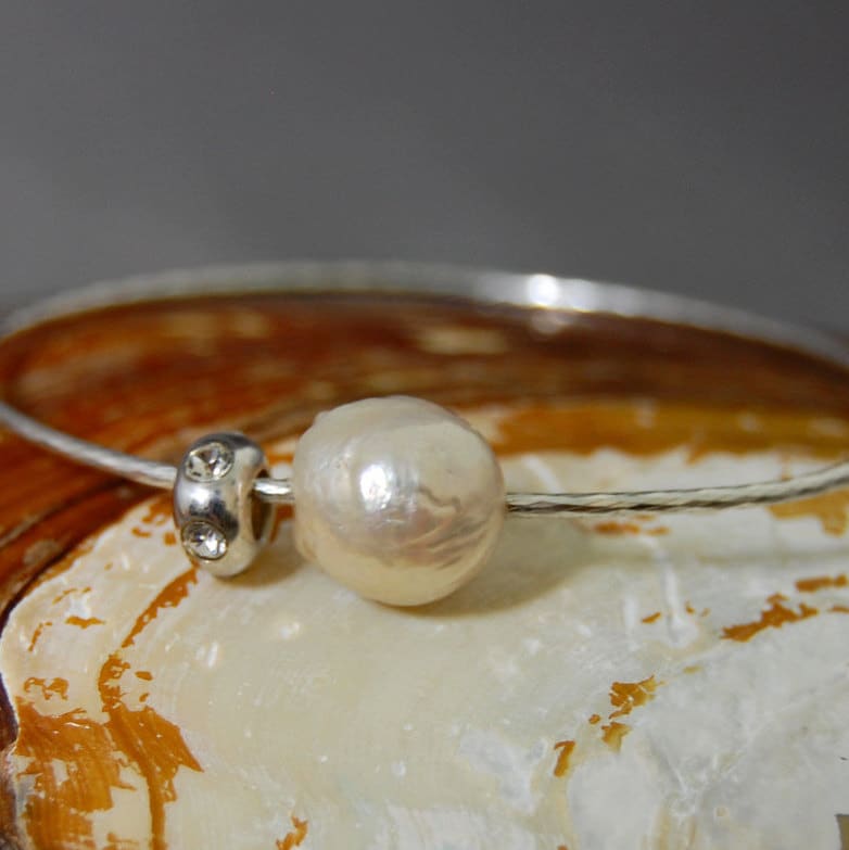 Neesa - White Freshwater Pearl Stacking Bangle, Bridal Bracelet, FREE SHIP US