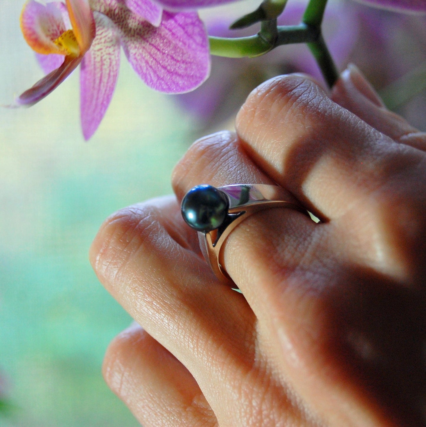 Marla - Tahitian Pearl Ring Set in Solid Sterling Silver Rhodium Plated for Ease of Care. FREE SHIP US.