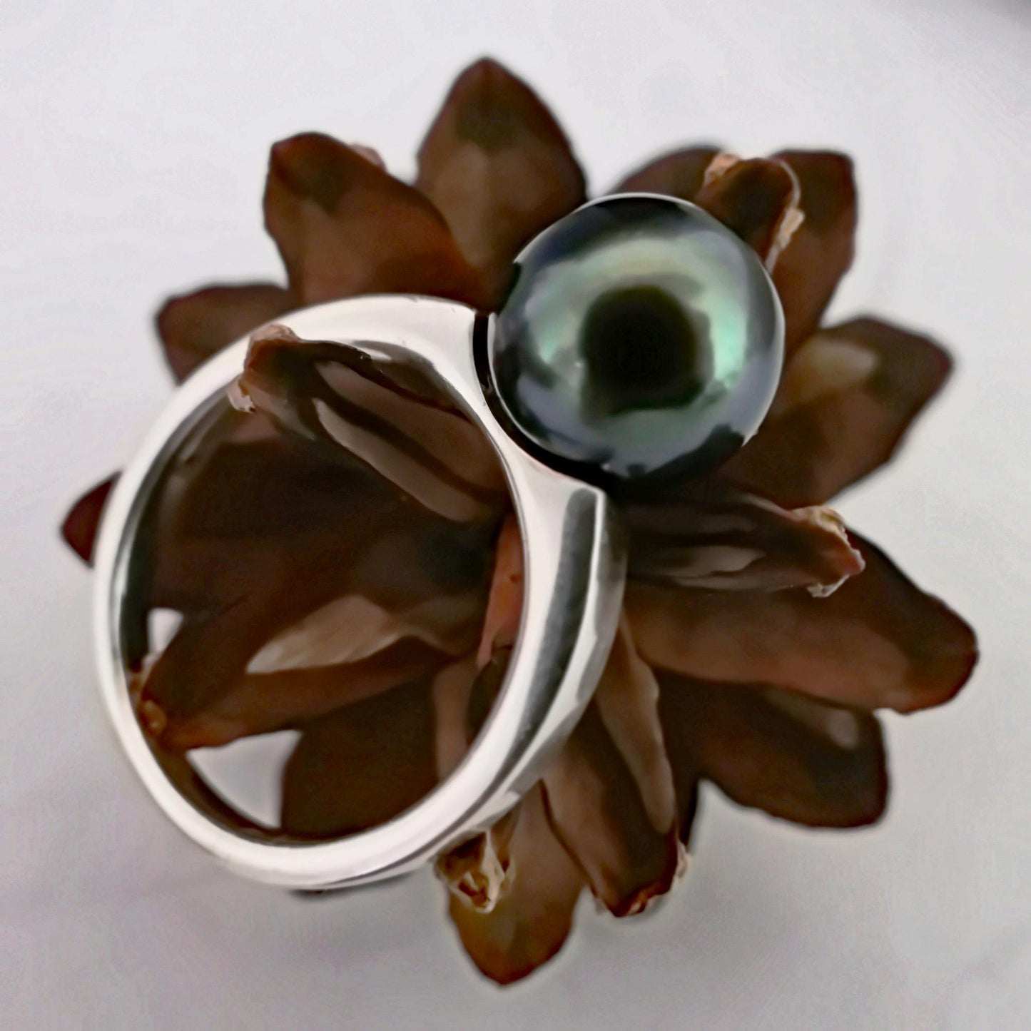 Mai - Elegant Black Tahitian Pearl Ring Set in Solid Sterling Silver with Rhodium Plating, Tarnish Free.  Free Shipping within the US.