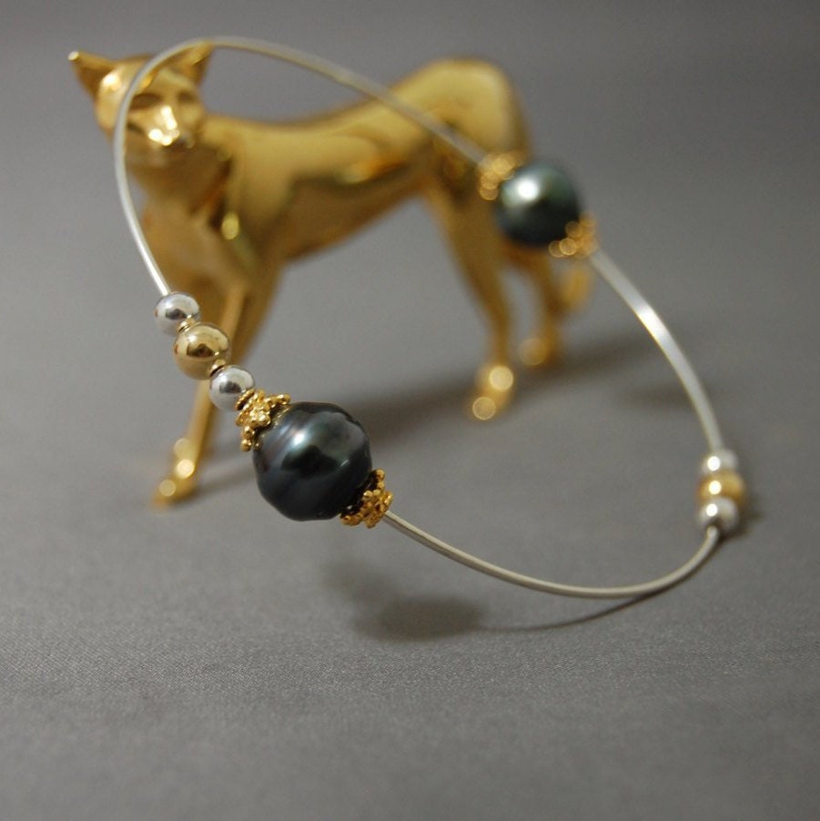 Titania - Tahitian Pearl Stacking Bracelet, Sterling Silver and Gold, FREE SHIP US