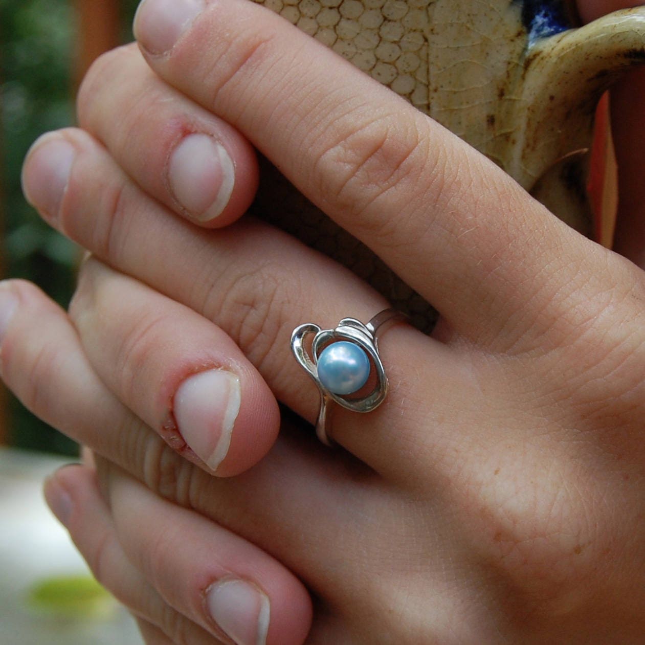 Fauna -  Freshwater Pearl Solitaire Ring Set in Solid Sterling Silver. FREE SHIPPING US