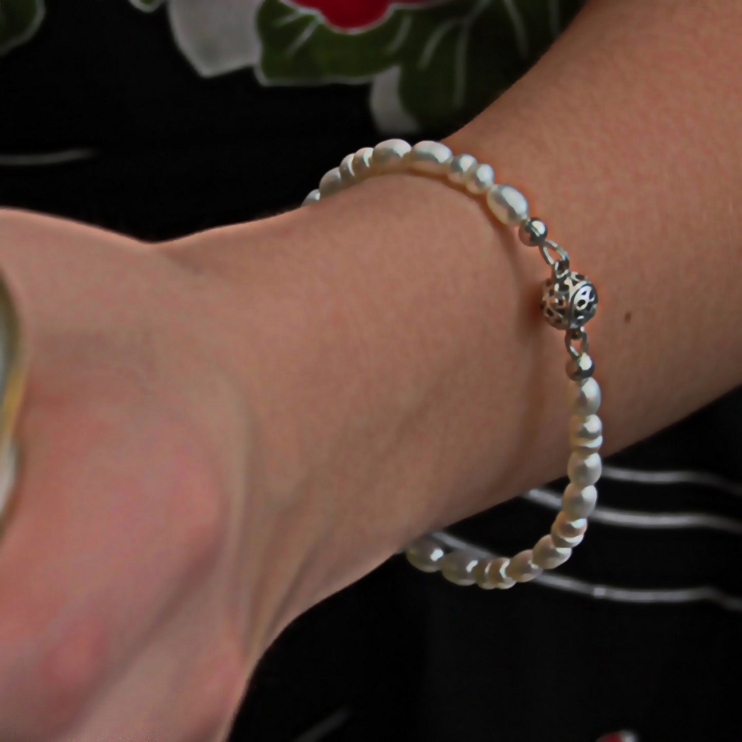 Lucy- Lovely White Freshwater Pearl Bracelet with Oxidized Sterling Silver Filigree Magnetic Clasp.