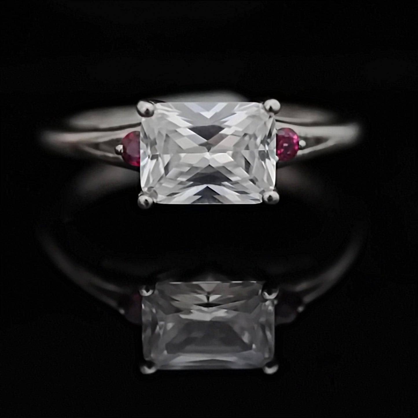 Calla - Elegant Diamond Substitute CZ, Emerald Cut Solitaire Engagement or Stacking Ring Set in Solid Sterling Silver. Free Shipping US.