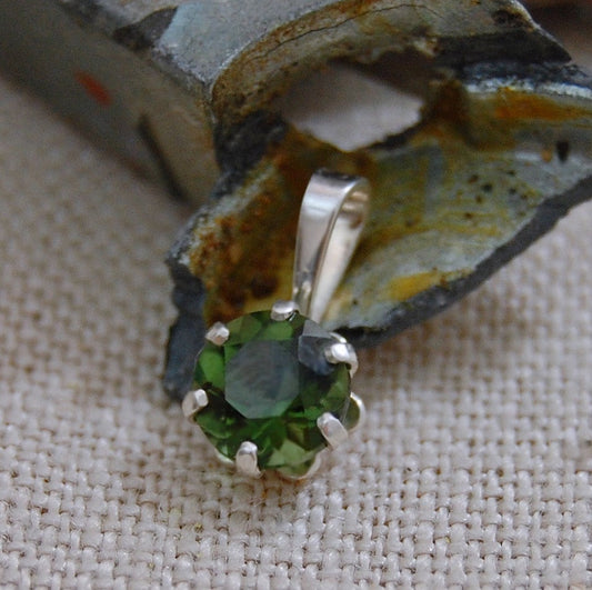 Petra - Green Genuine Moldavite Gemstone Pendant Set in Solid Sterling Silver, Rhodium Plated for Easy Care. FREE SHIPPING US.