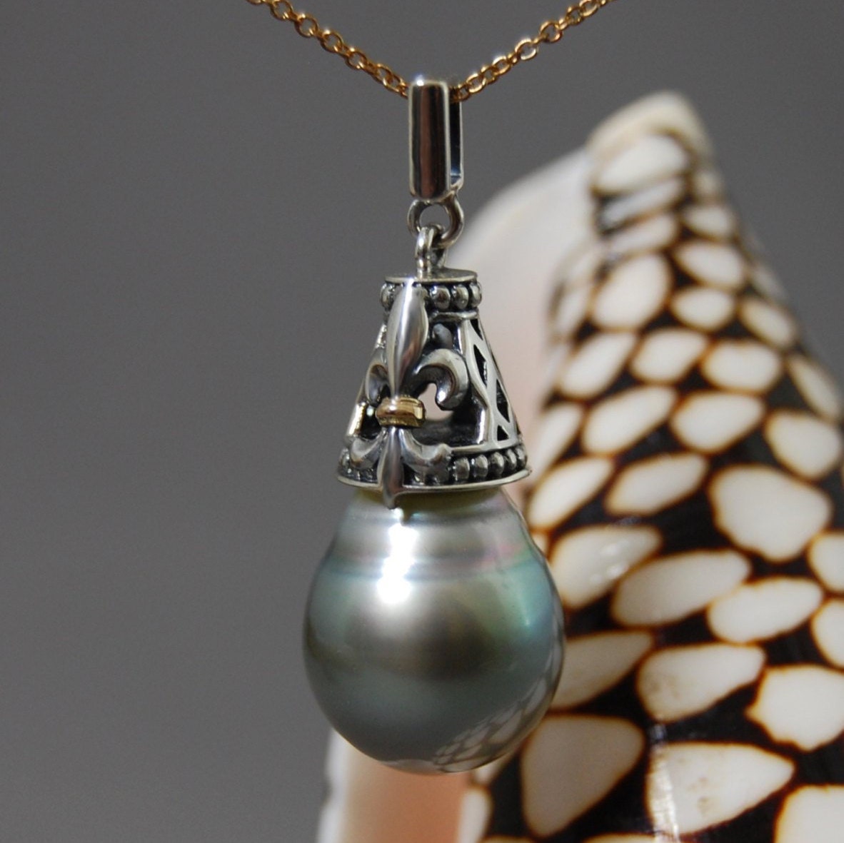 Margaux - Silver Tahitian Pearl Fleur de Lis Pendant, 14kt Gold Accents, Sterling Silver, FREE SHIP US