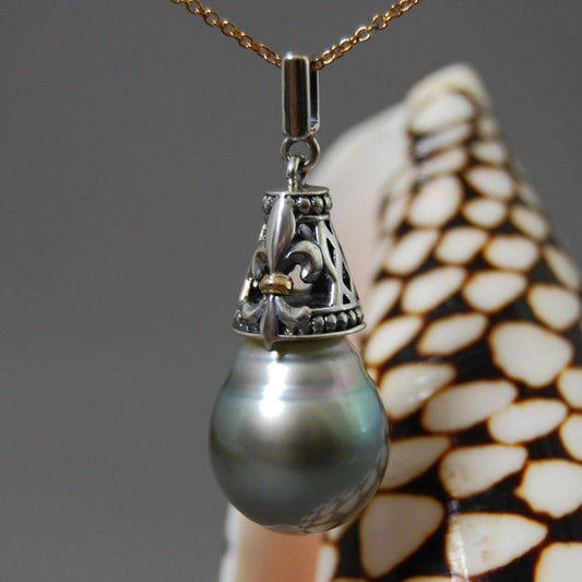 Margaux - Silver Tahitian Pearl Fleur de Lis Pendant, 14kt Gold Accents, Sterling Silver, FREE SHIP US