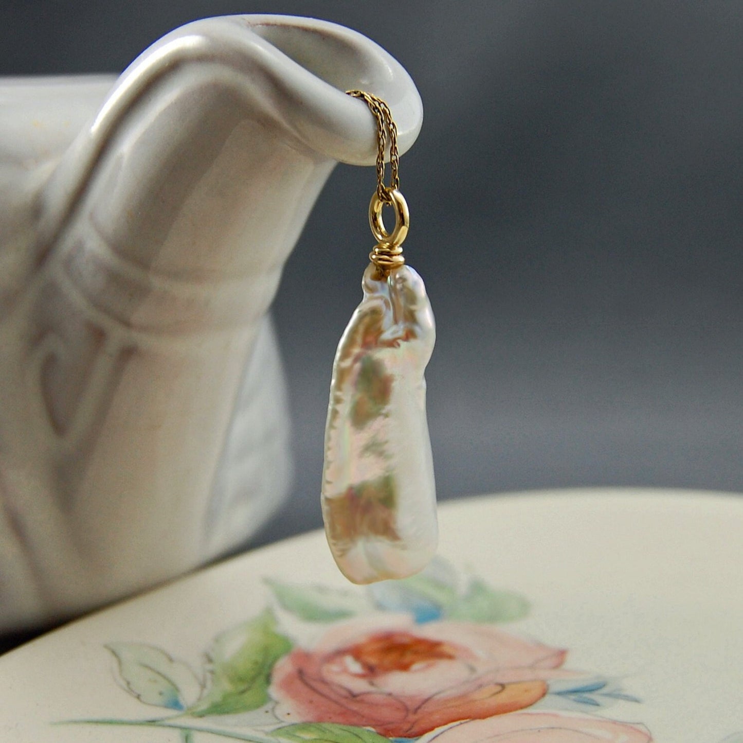 Yara - Unique Baroque Pearl Pendant, White Biwa Stick Pearl, FREE SHIP US