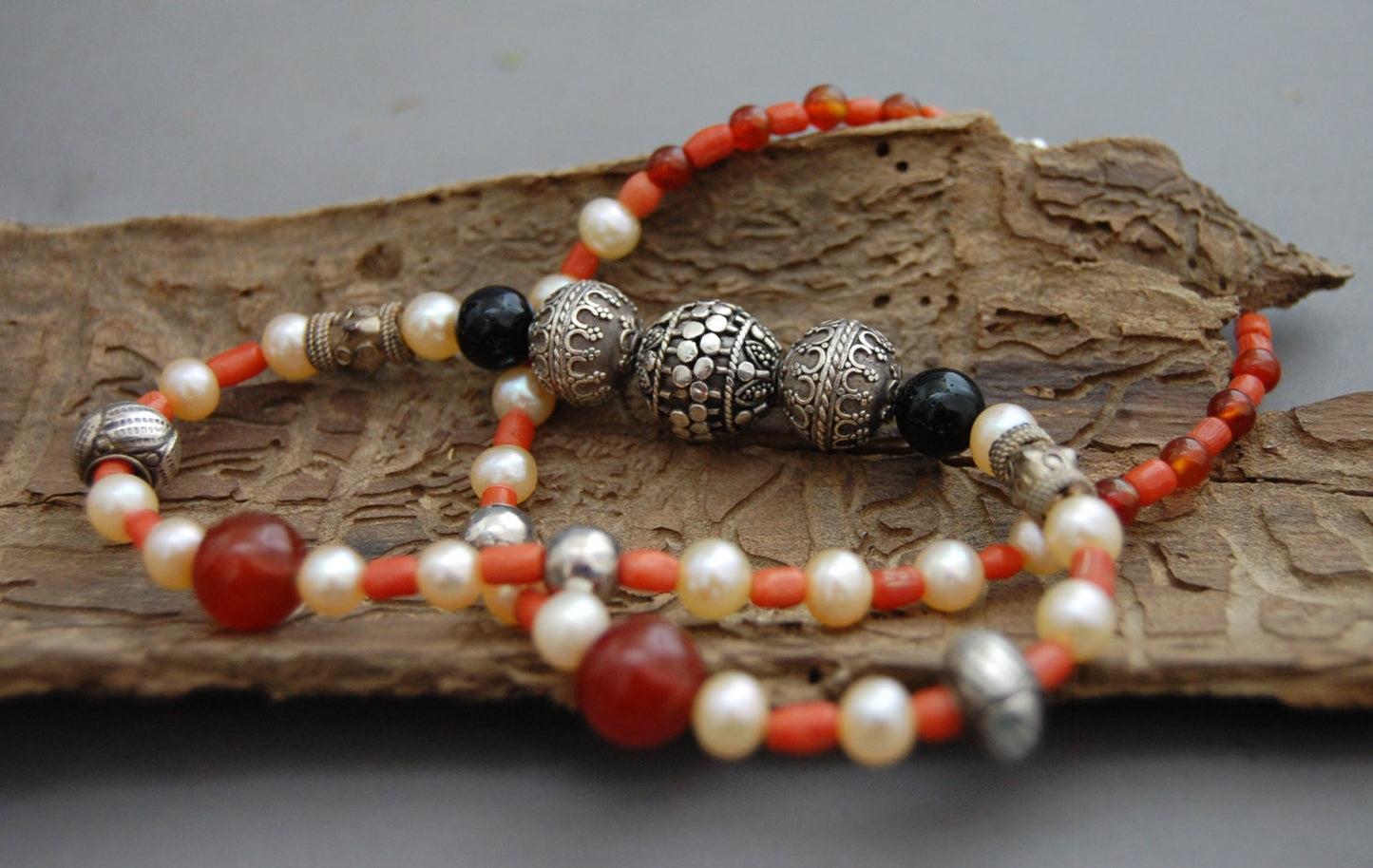 Camilla - Pearl Statement Necklace, Black Onyx, Red Coral, Sterling Silver