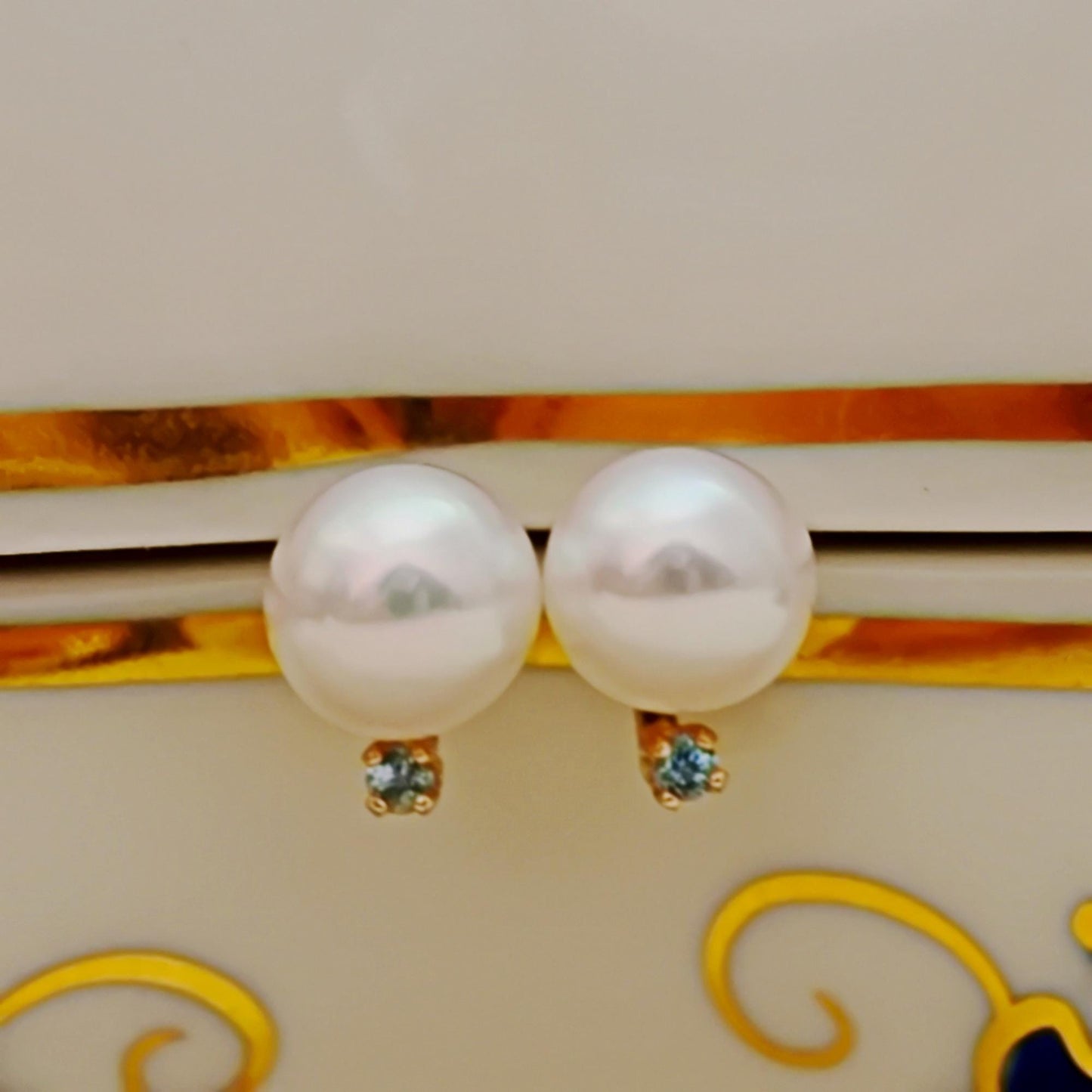 Neiva - Unique Freshwater Pearl Stud Earrings with Aquamarine Accents Set in Solid 14kt Gold, FREE SHIPPING US