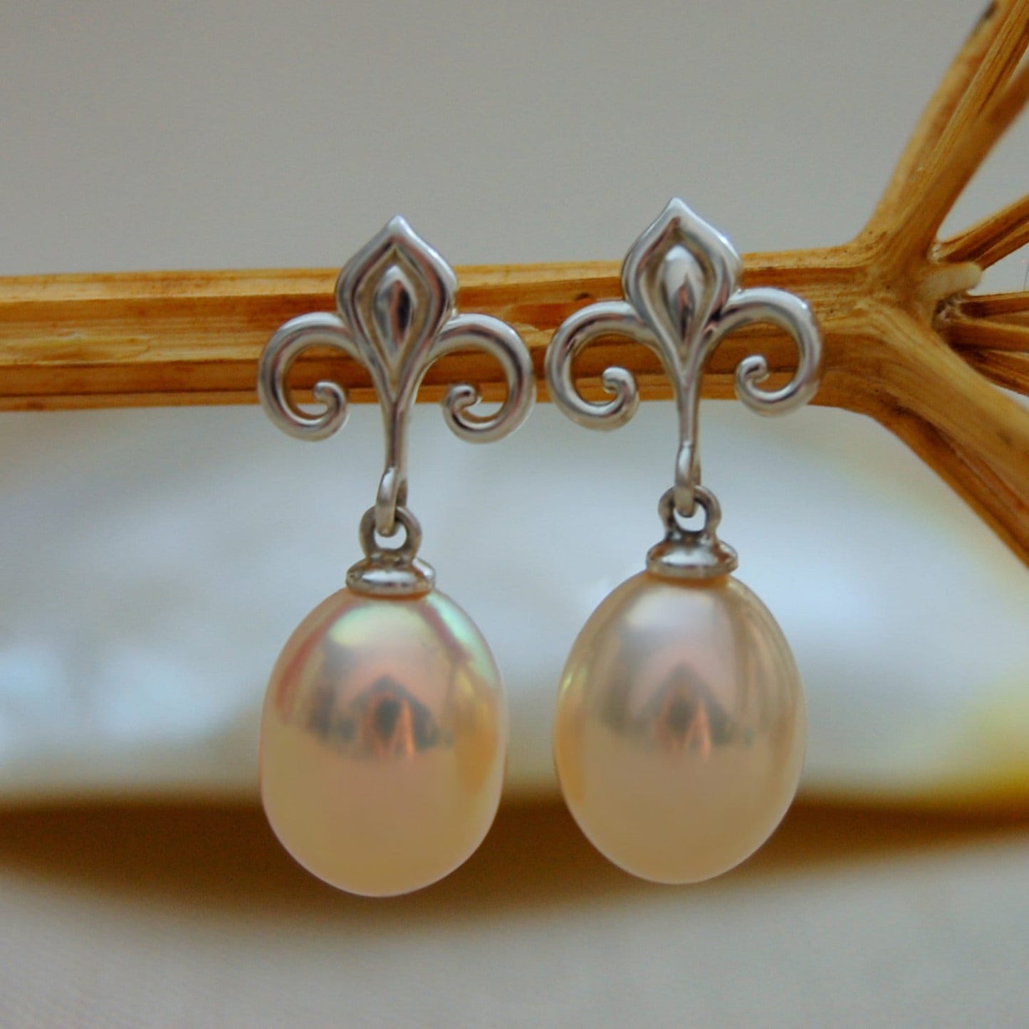 Hanae -  Fleur de Lis Continuum® Sterling Silver Pearl Dangle Earrings FREE SHIP USA