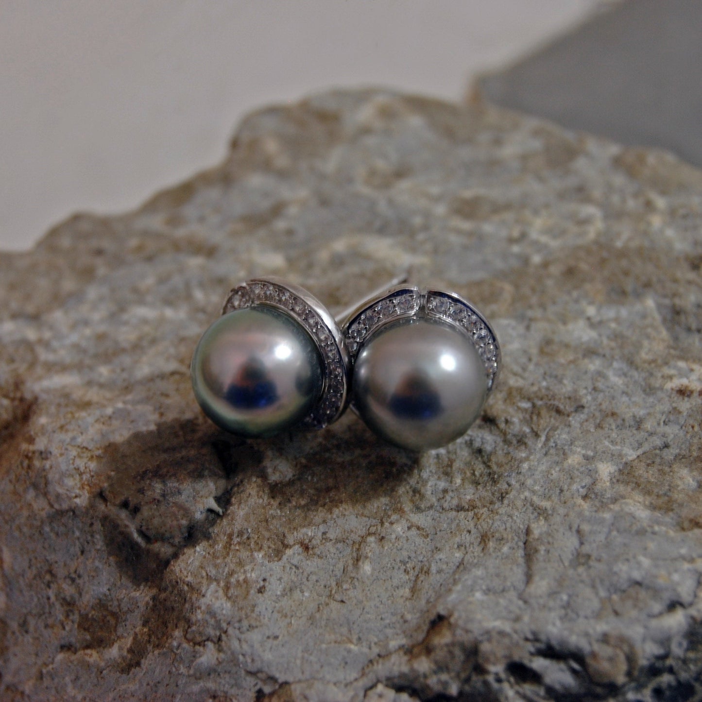 Cinder - Pearl Halo Style Earrings Featuring Tahitian pearls, CZs and Rhodium Plated Sterling Silver, FREE SHIP US