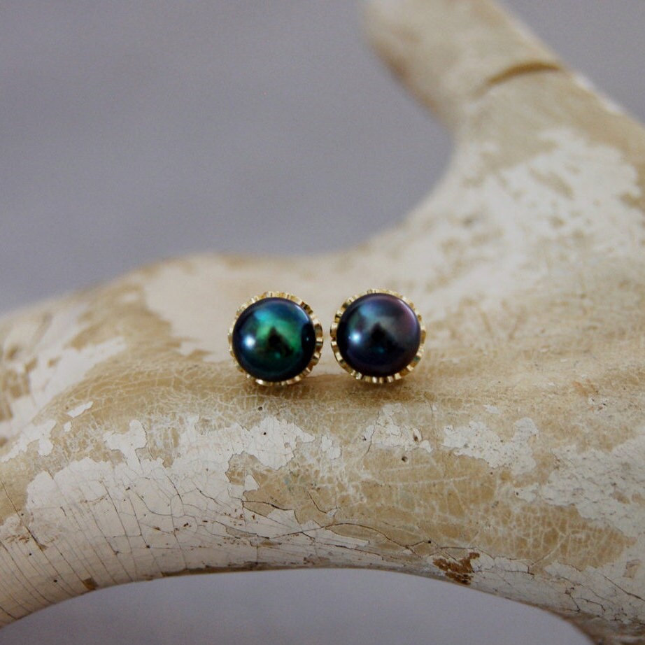 Victoria - Black Peacock Pearl Stud Earrings Set in Solid 14k Gold, FREE SHIPPING US