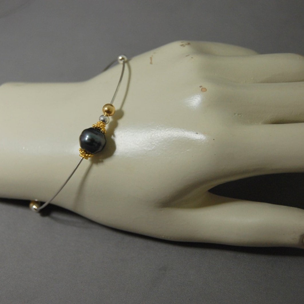 Titania - Tahitian Pearl Stacking Bracelet, Sterling Silver and Gold, FREE SHIP US