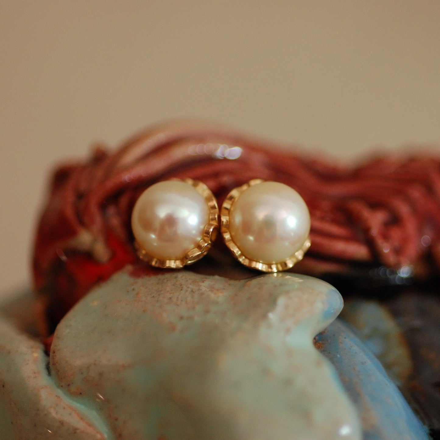 Grace - Pearl Stud Earrings, 14kt Gold Filigree, FREE SHIP US