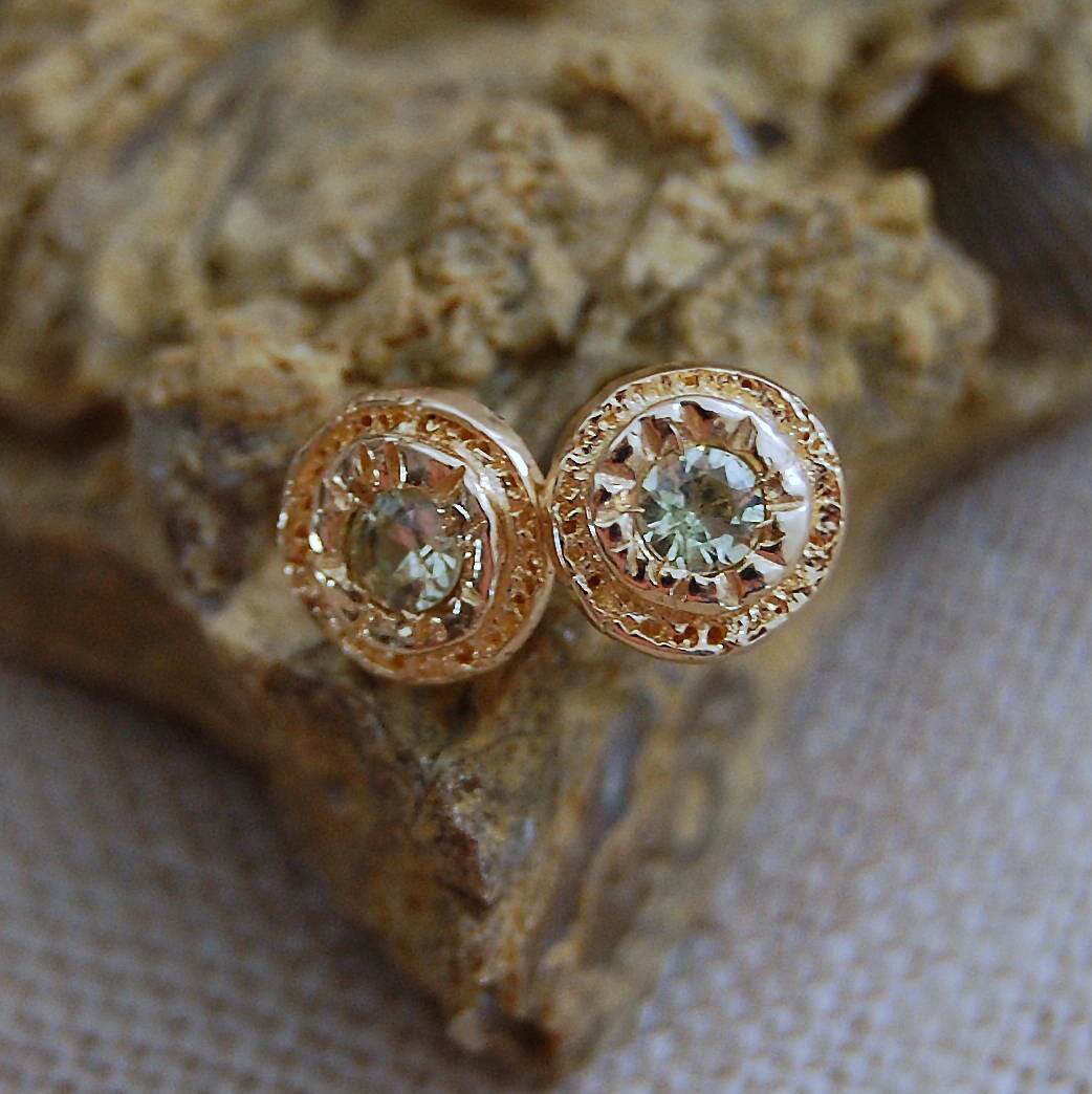 Beril - Sapphire Button Stud Earrings in Solid 14k Gold, Free Shipping US.