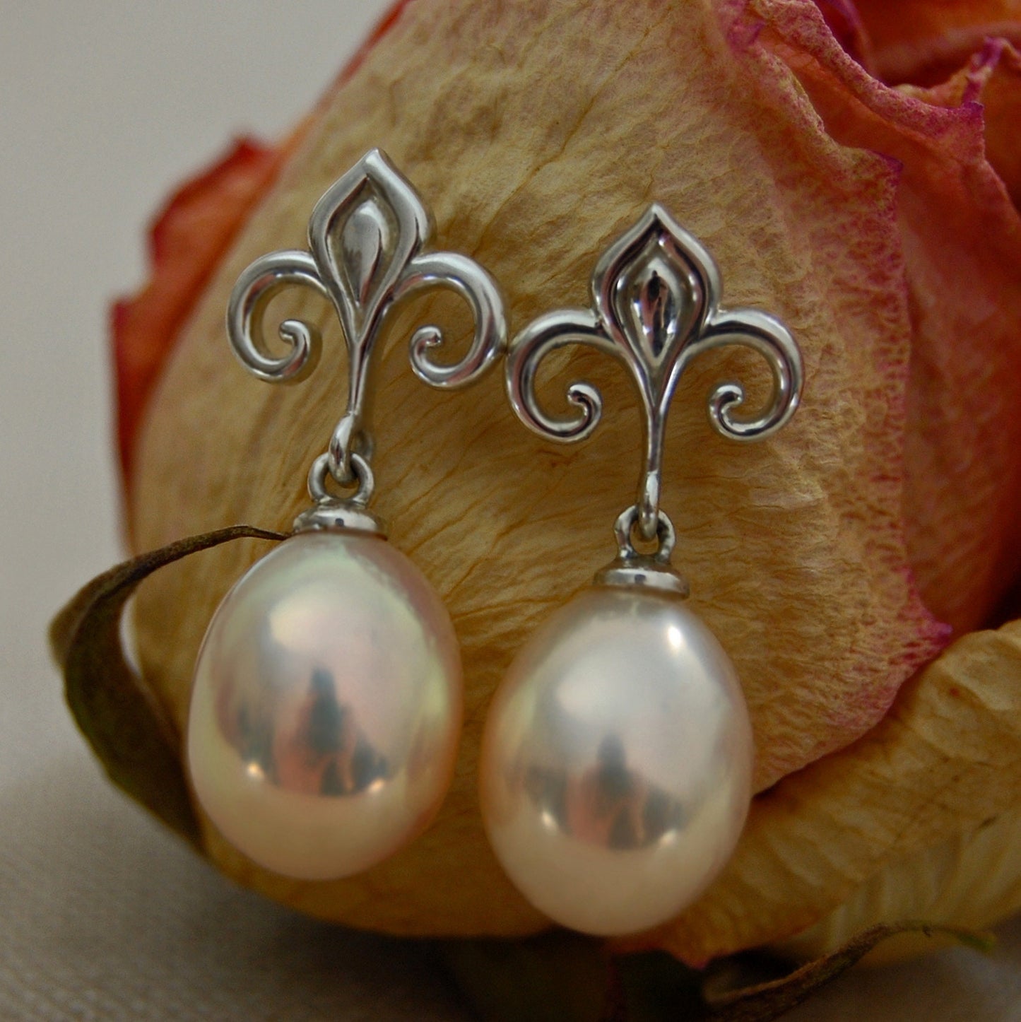 Hanae -  Fleur de Lis Continuum® Sterling Silver Pearl Dangle Earrings FREE SHIP USA