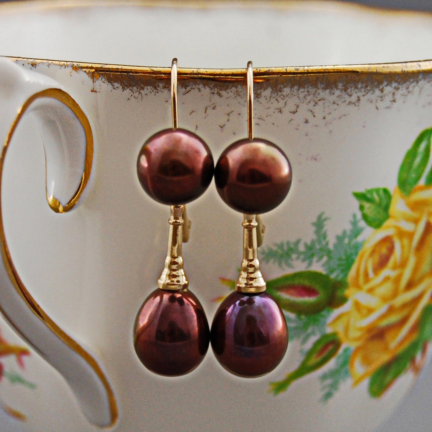 Elaine - Pearl Dangle Earrings Set in 14kt Gold Lever Backs. FREE SHIPPING US