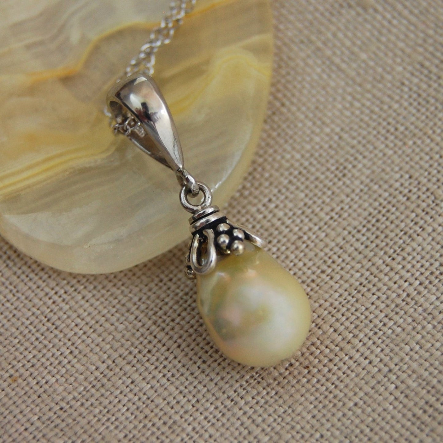 Perla - Freshwater Cream Nucleated Pearl Pendant Necklace, Solid Sterling Silver, FREE SHIP US