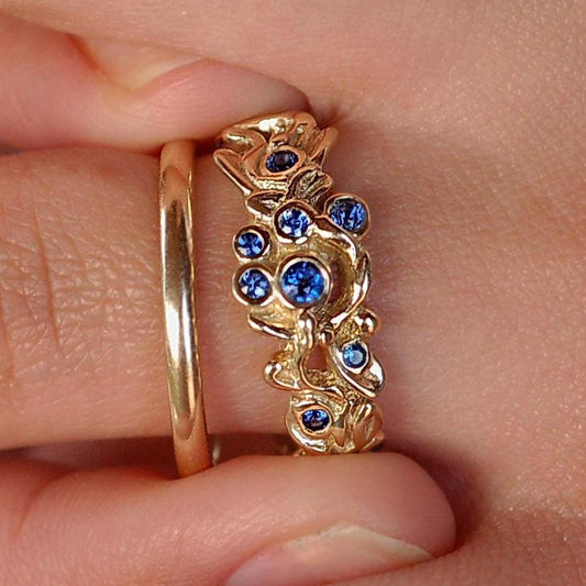 Alyssa - Blue Sapphire Ring Set in 14kt Solid Gold with a Floral Motif. SHOP EXCLUSIVE. Free Shipping US.