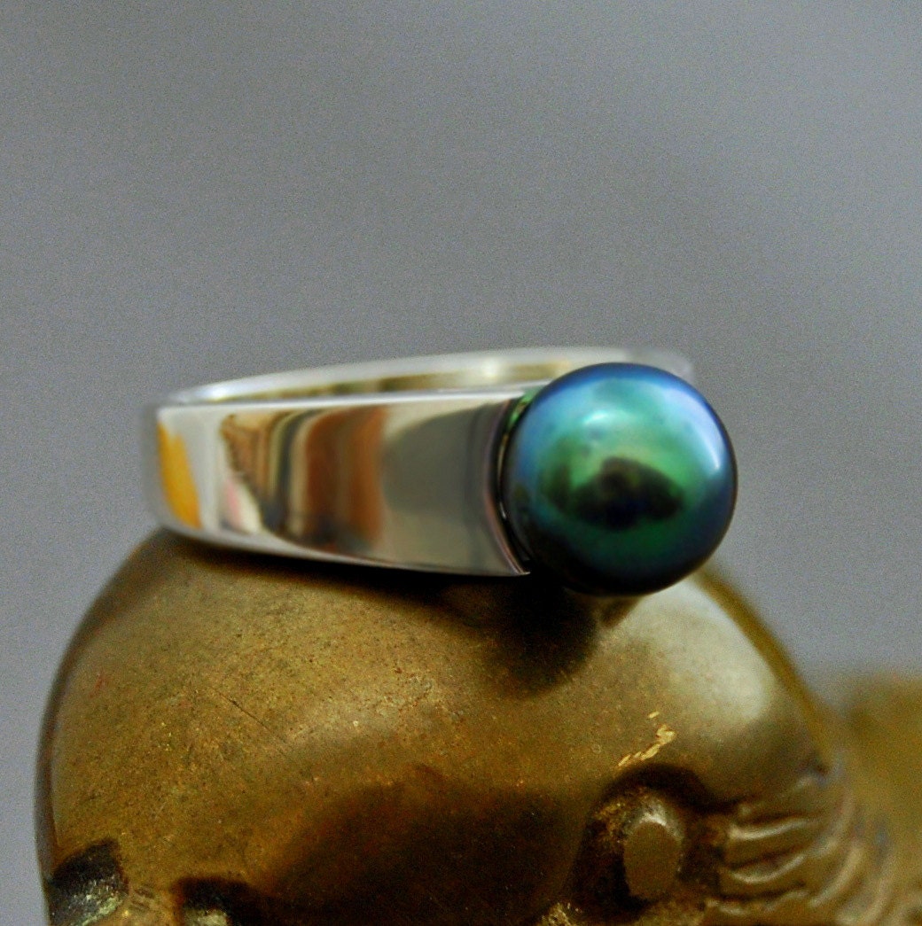Marla - Tahitian Pearl Ring Set in Solid Sterling Silver Rhodium Plated for Ease of Care. FREE SHIP US.