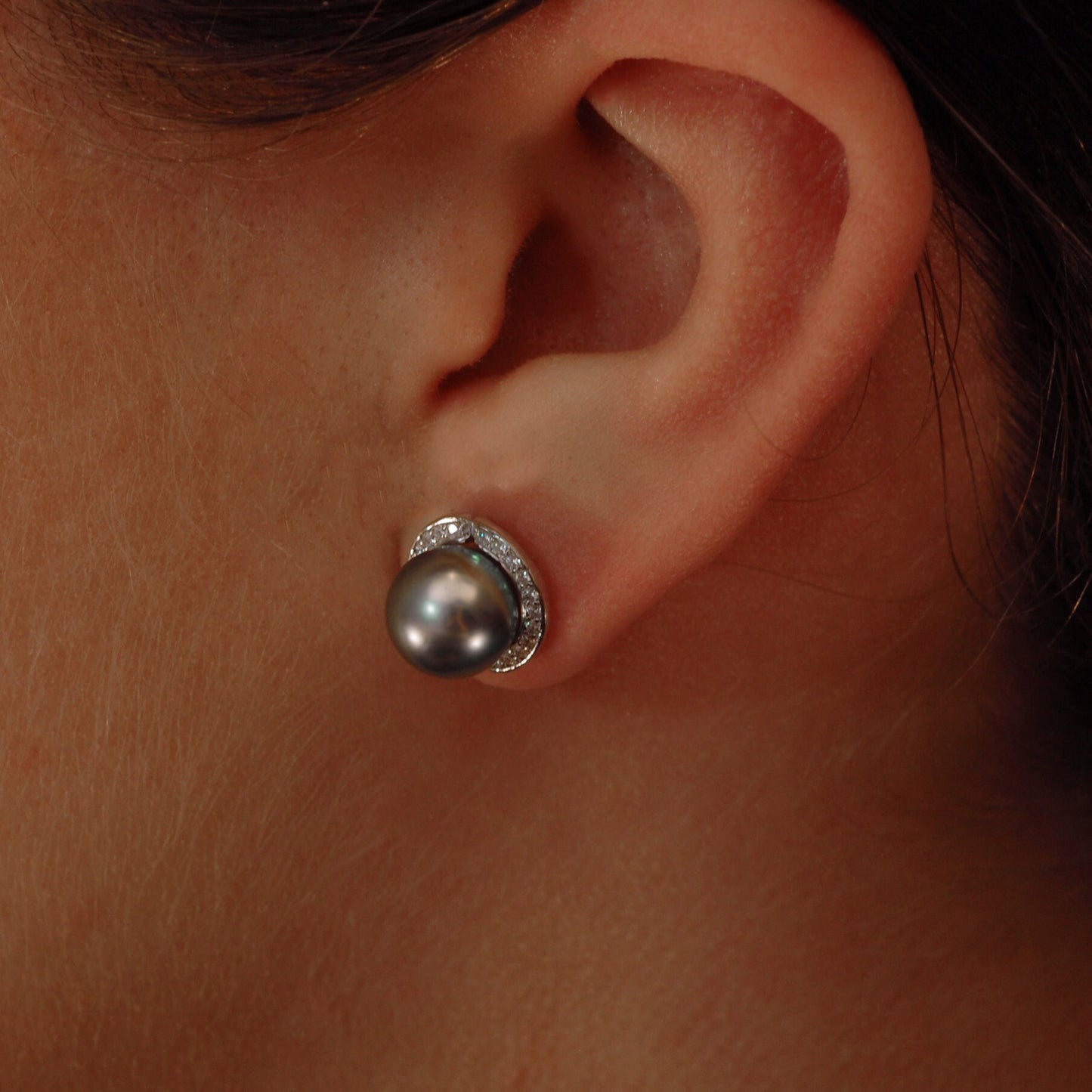 Cinder - Pearl Halo Style Earrings Featuring Tahitian pearls, CZs and Rhodium Plated Sterling Silver, FREE SHIP US