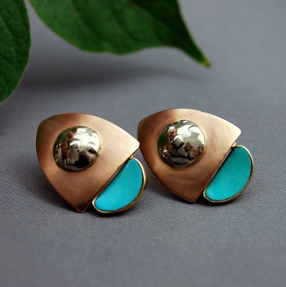 Dawn Jumps Up - Handmade Modernist Stud Earrings, Rose / Yellow / White Gold, Turquoise Gemstones