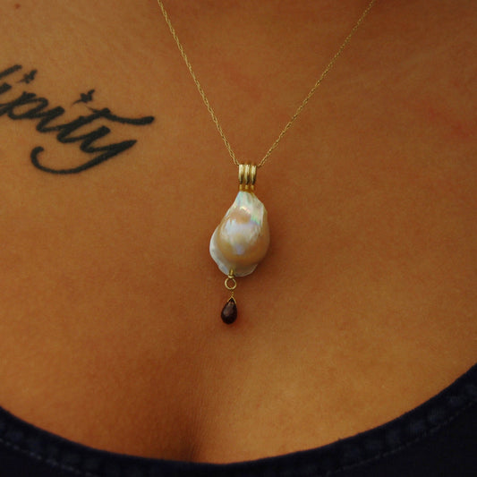 Avalon - 14k Gold Pearl Pendant Necklace with Garnet Accent. FREE SHIPPING US