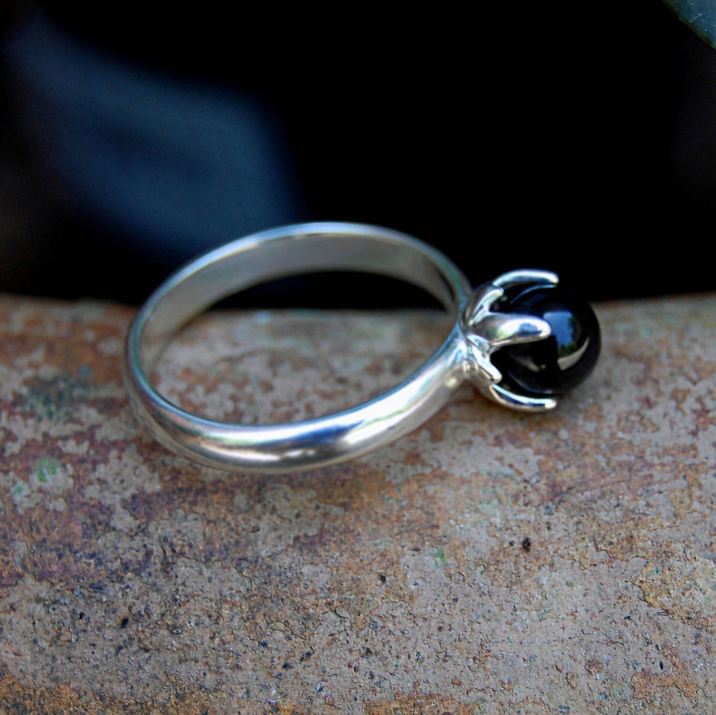 Asima - Black Onyx Ring Set in a Solid Easy Care Argentium® Silver Flower Setting. Solitaire Ring, Stacking Ring, Friendship Ring.