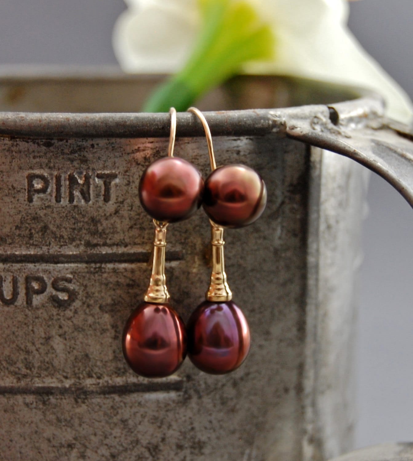 Elaine - Pearl Dangle Earrings Set in 14kt Gold Lever Backs. FREE SHIPPING US