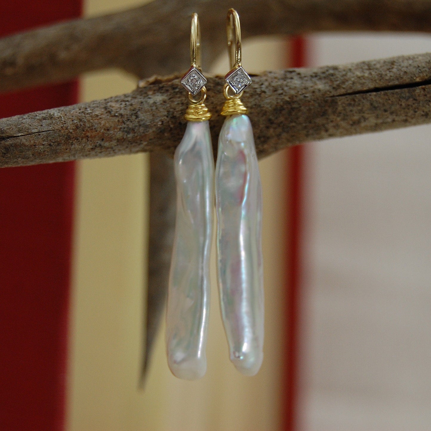 Lusca - Pearl Stick Drop Bridal Earrings Solid 14k Gold Diamond Accents FREE SHIPPING US