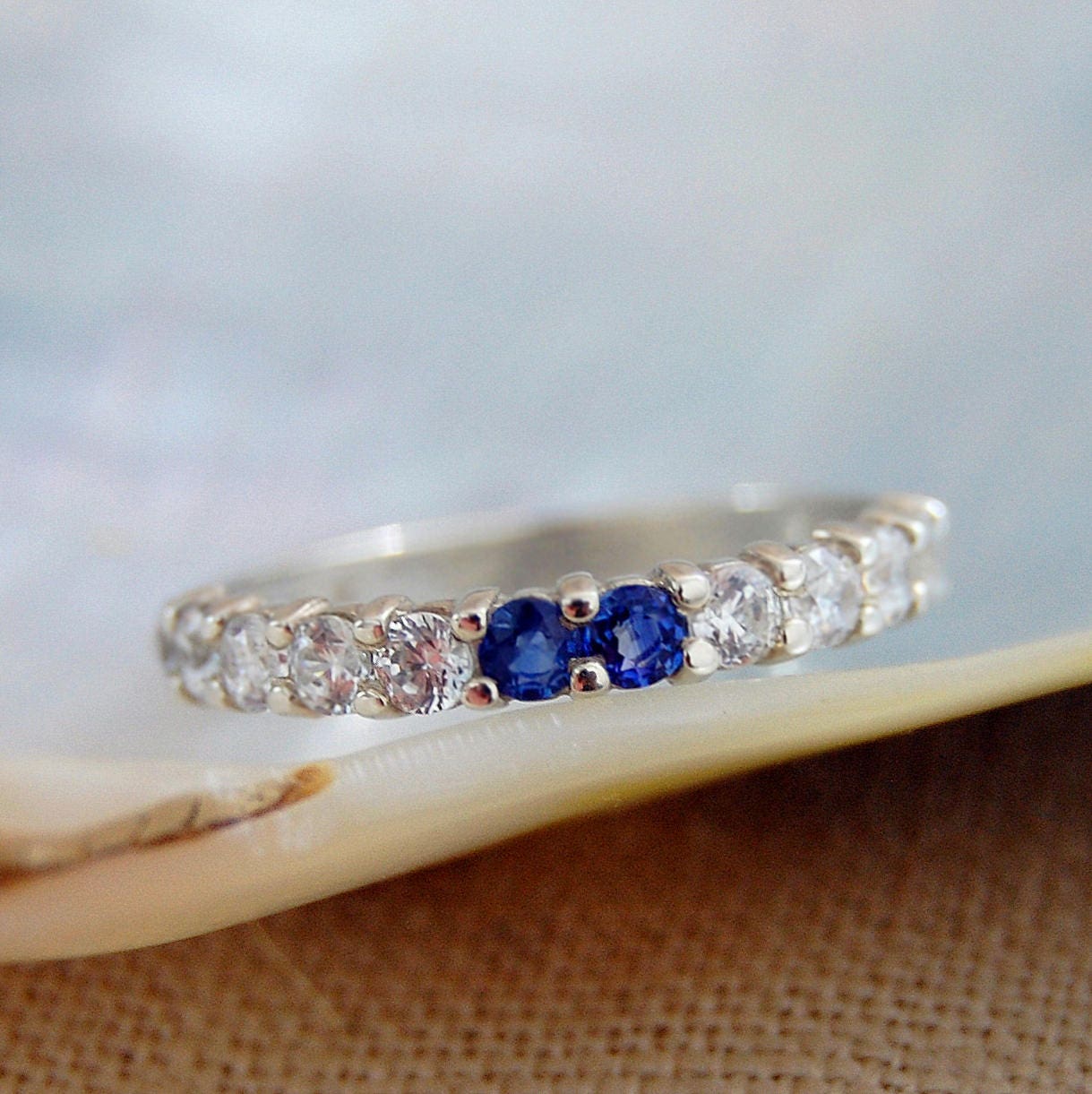Amy - Gemstone Engagement or Wedding Ring, Sapphire and CZ band, FREE Shipping US