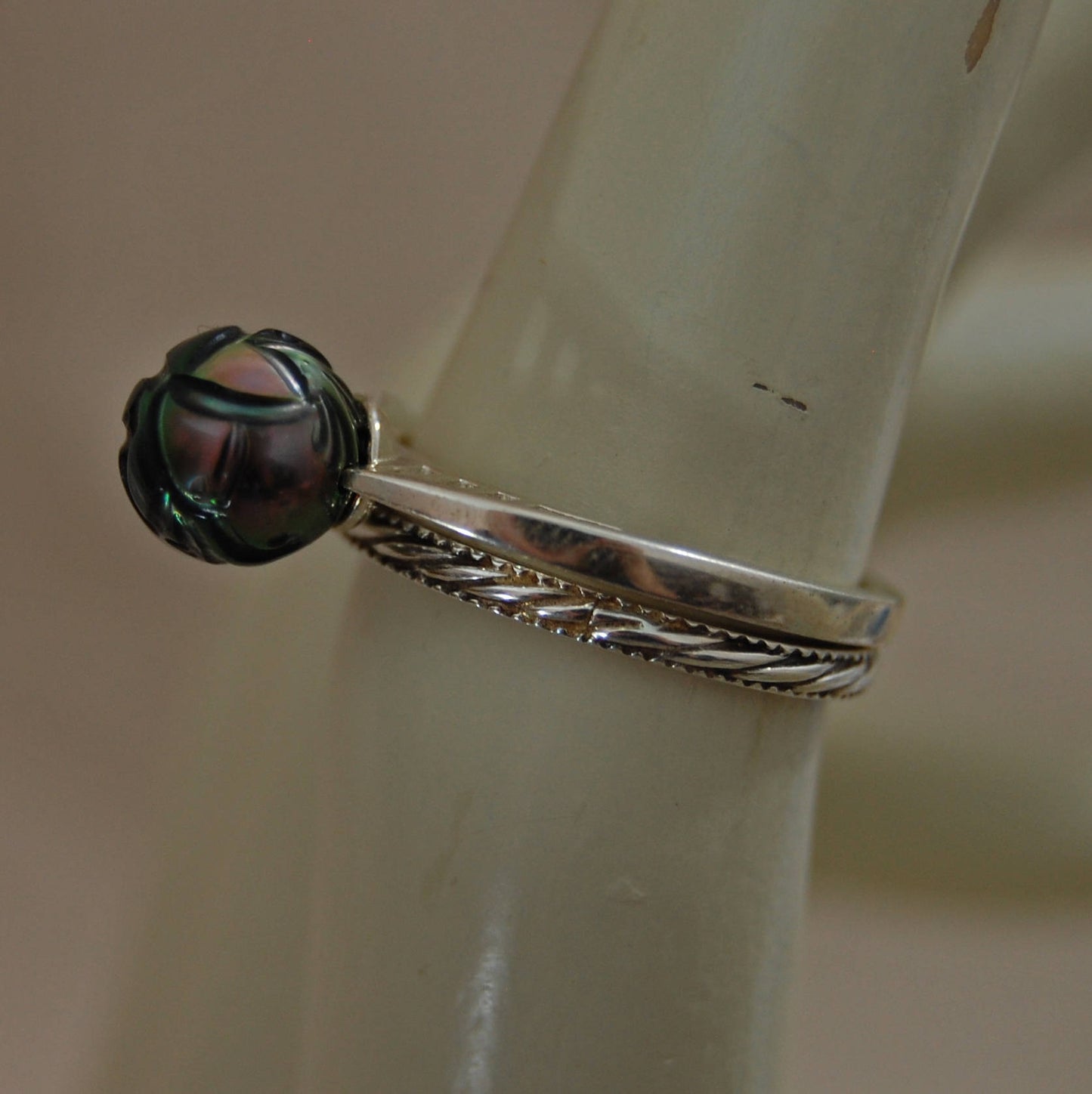 Ebony - Pearl Ring Features a Carved Tahitian Pearl, Set in Solid Sterling Silver, FREE SHIP US