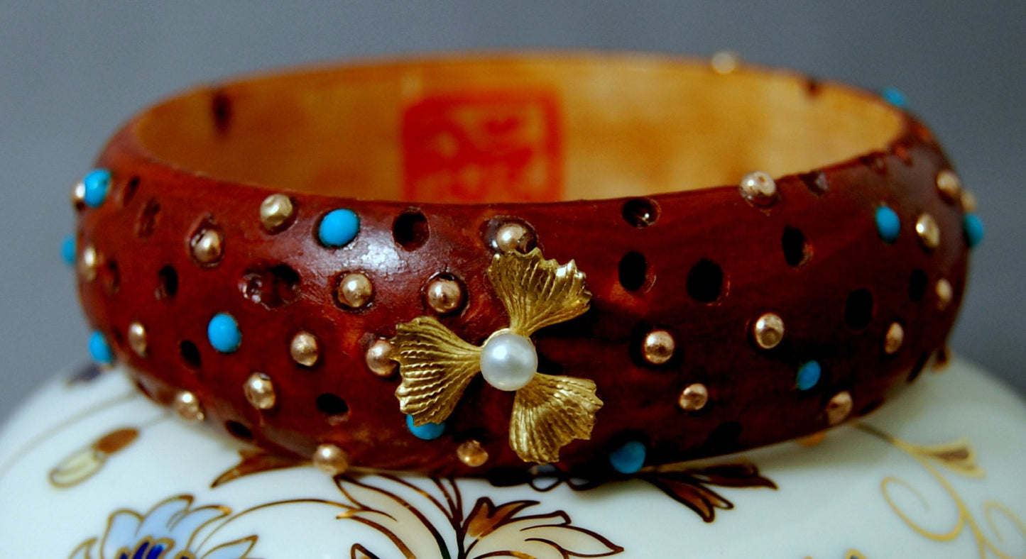 Magnolia - Handmade Wooden Boho Bangle with Turquoise, Gold and Pearl Flower Accents, FREE SHIP US
