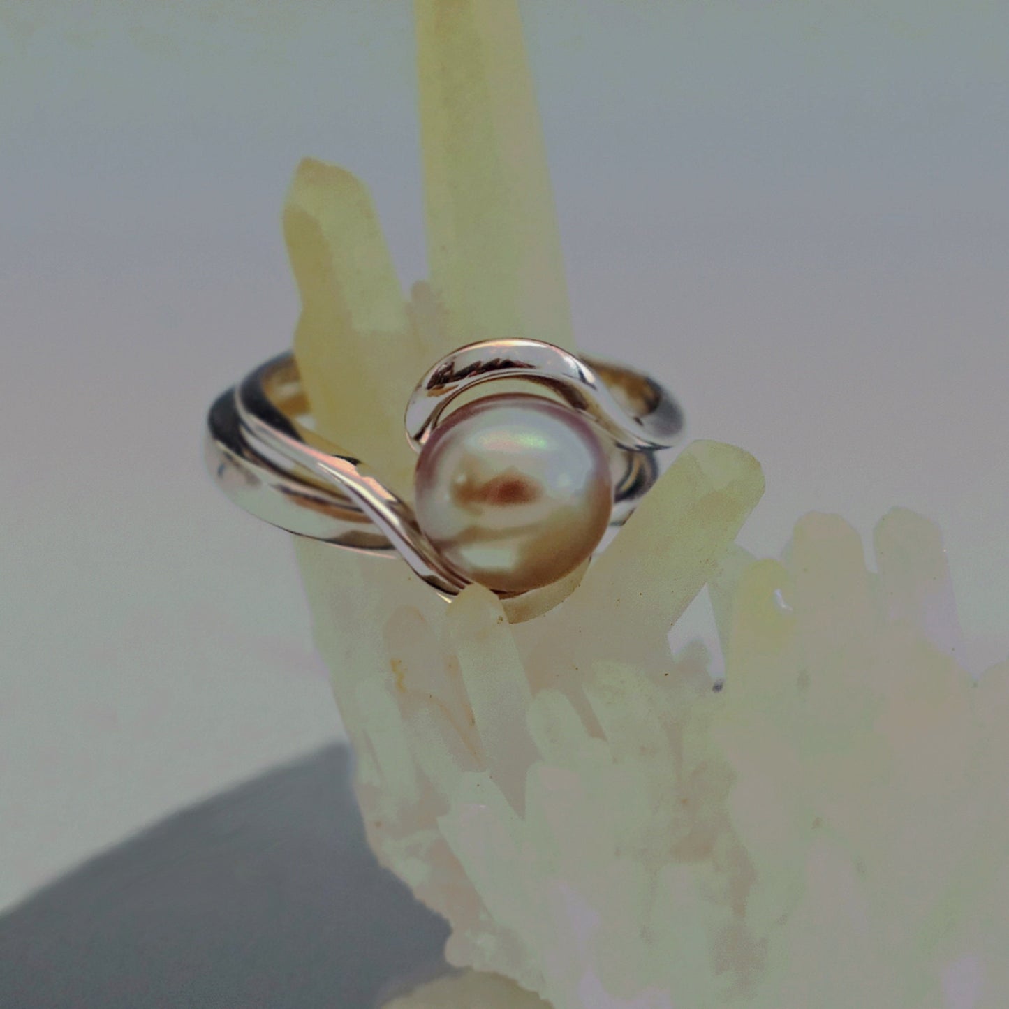 Lakshmi - Freshwater Pearl Engagement or Stacking Ring Set in Solid Sterling Silver. Rare Natural Pewter Gray Color. FREE SHIPPING US
