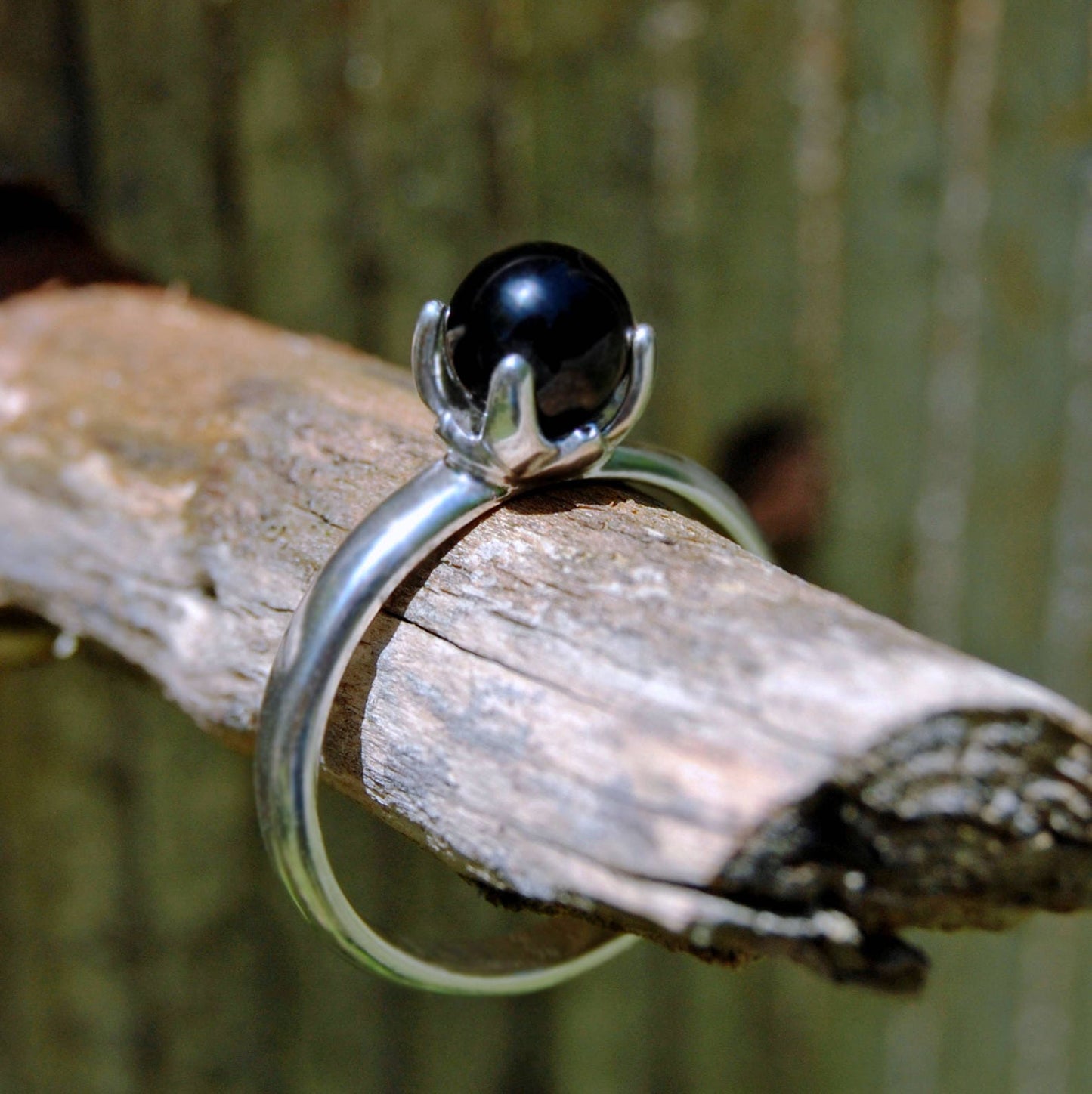 Asima - Black Onyx Ring Set in a Solid Easy Care Argentium® Silver Flower Setting. Solitaire Ring, Stacking Ring, Friendship Ring.