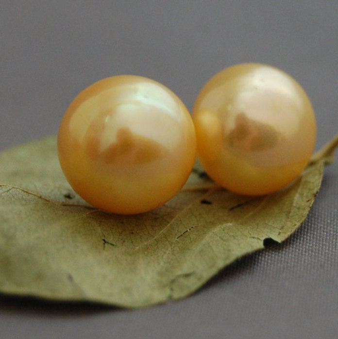 Simone - One of a Kind Golden Pearl Stud Earrings, FREE SHIP US