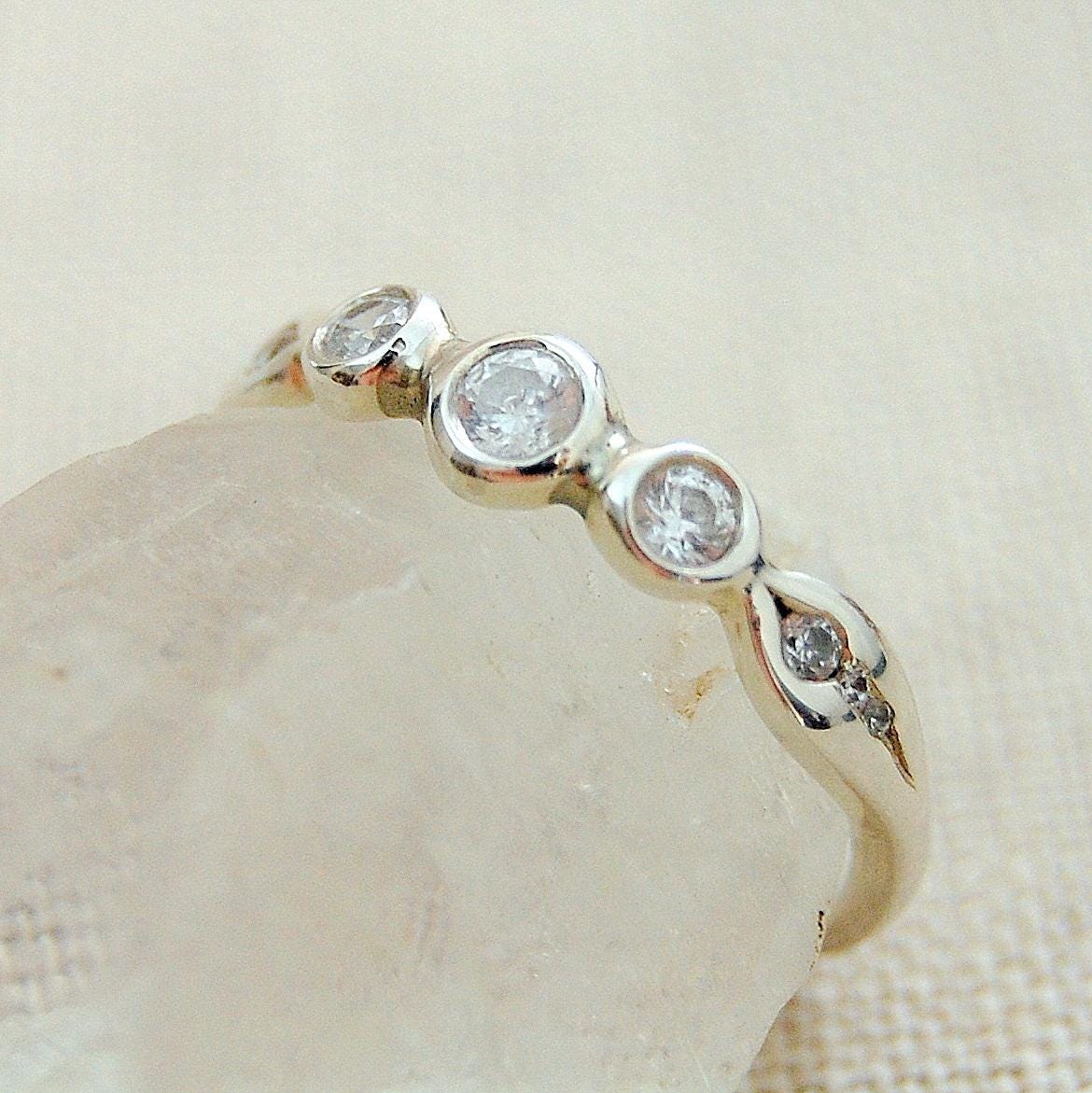 Nora - Delicately Beautiful Three Stone Engagement, Commitment or Stacking Ring with Accent CZ Side Gemstones, Set in Solid Silver.